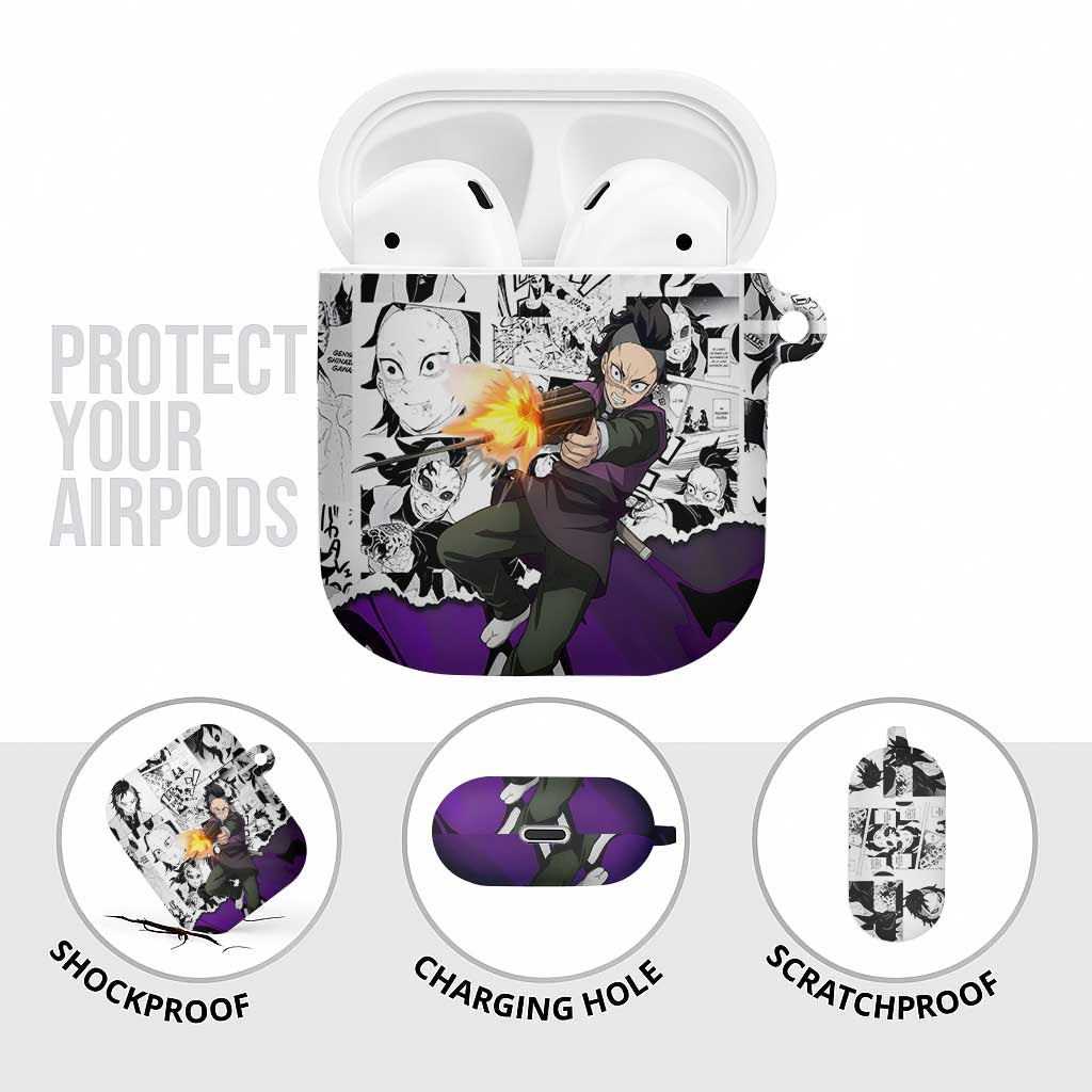 Genya Shinazugawa Demon Slayer Manga Panel Black and White Theme AirPods Case with Purple Accents and Gun Action Pose - The Mazicc