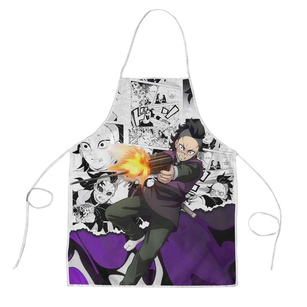 Genya Shinazugawa Demon Slayer Manga Panel Black and White Theme Apron with Purple Accents and Gun Action Pose - The Mazicc