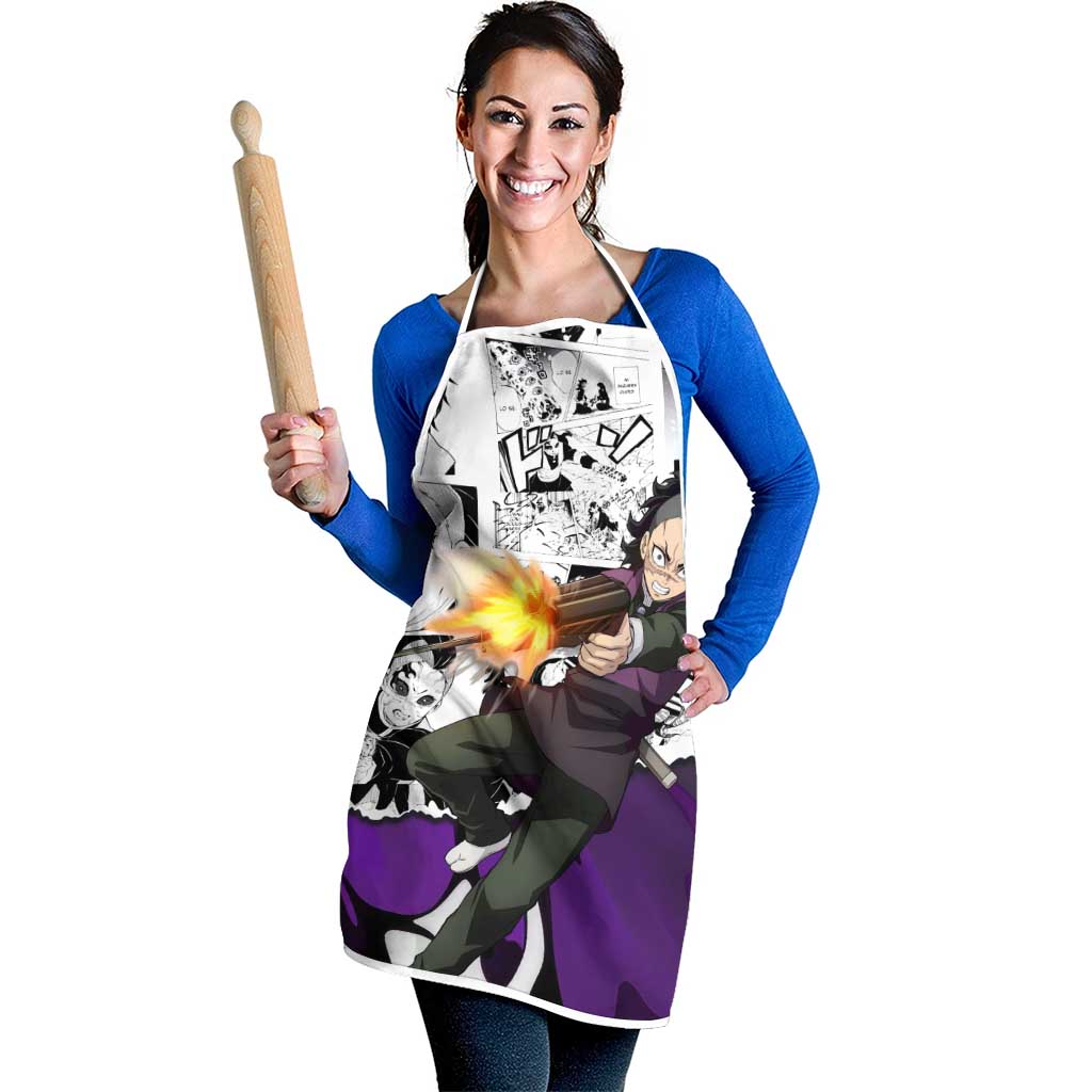 Genya Shinazugawa Demon Slayer Manga Panel Black and White Theme Apron with Purple Accents and Gun Action Pose - The Mazicc