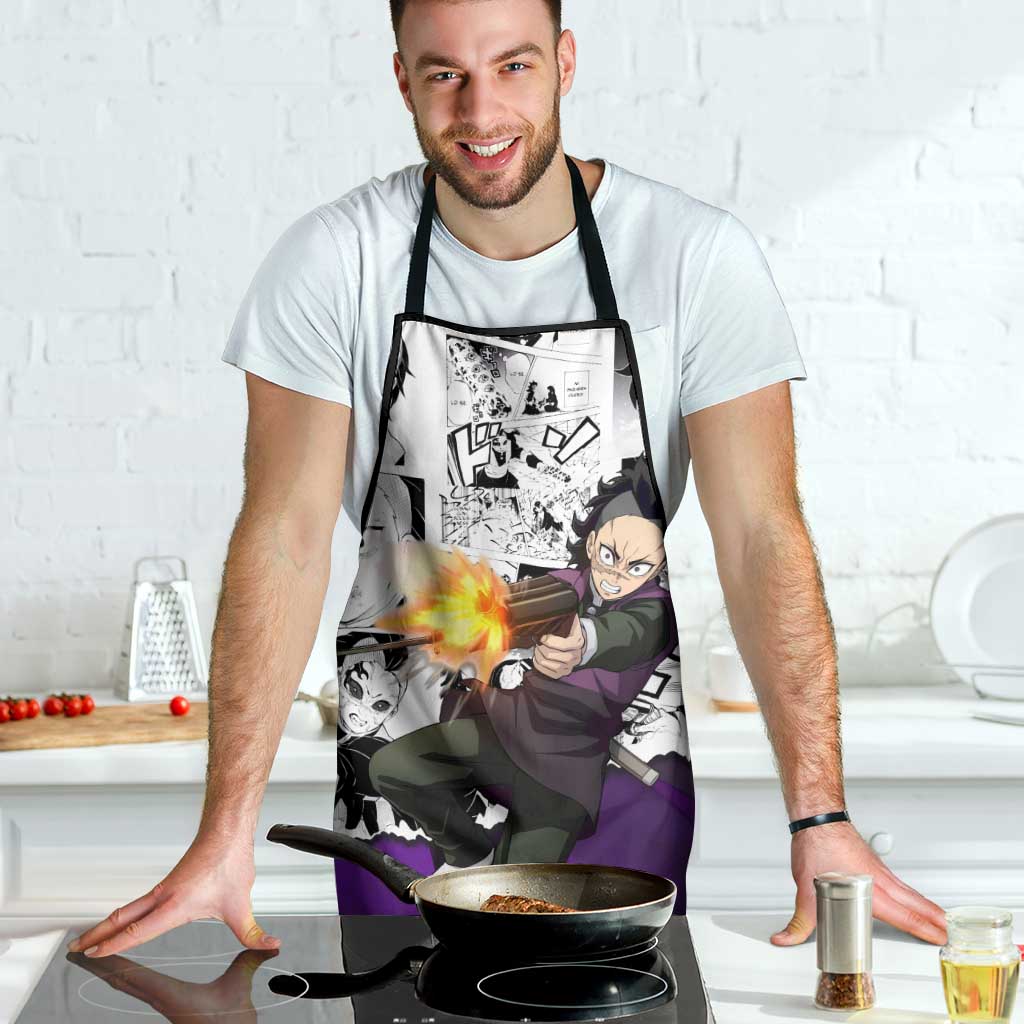 Genya Shinazugawa Demon Slayer Manga Panel Black and White Theme Apron with Purple Accents and Gun Action Pose - The Mazicc