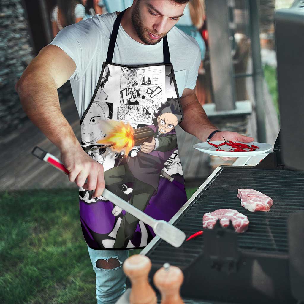 Genya Shinazugawa Demon Slayer Manga Panel Black and White Theme Apron with Purple Accents and Gun Action Pose - The Mazicc