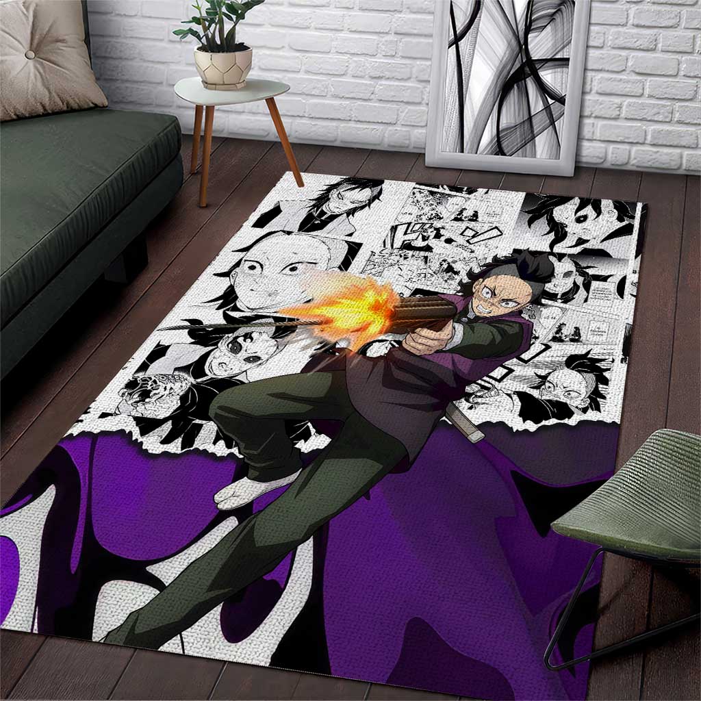 Genya Shinazugawa Demon Slayer Manga Panel Black and White Theme Area Rug with Purple Accents and Gun Action Pose - The Mazicc