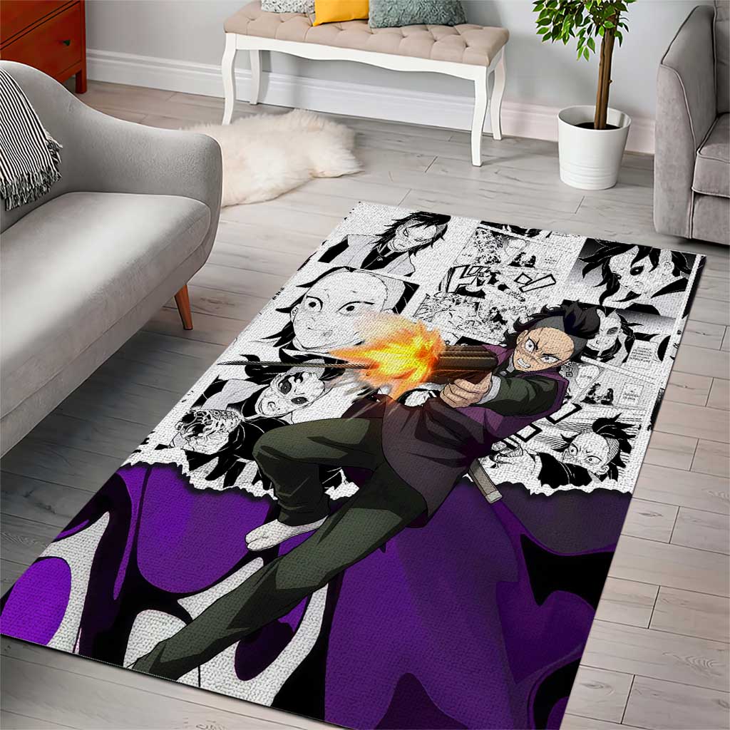 Genya Shinazugawa Demon Slayer Manga Panel Black and White Theme Area Rug with Purple Accents and Gun Action Pose - The Mazicc