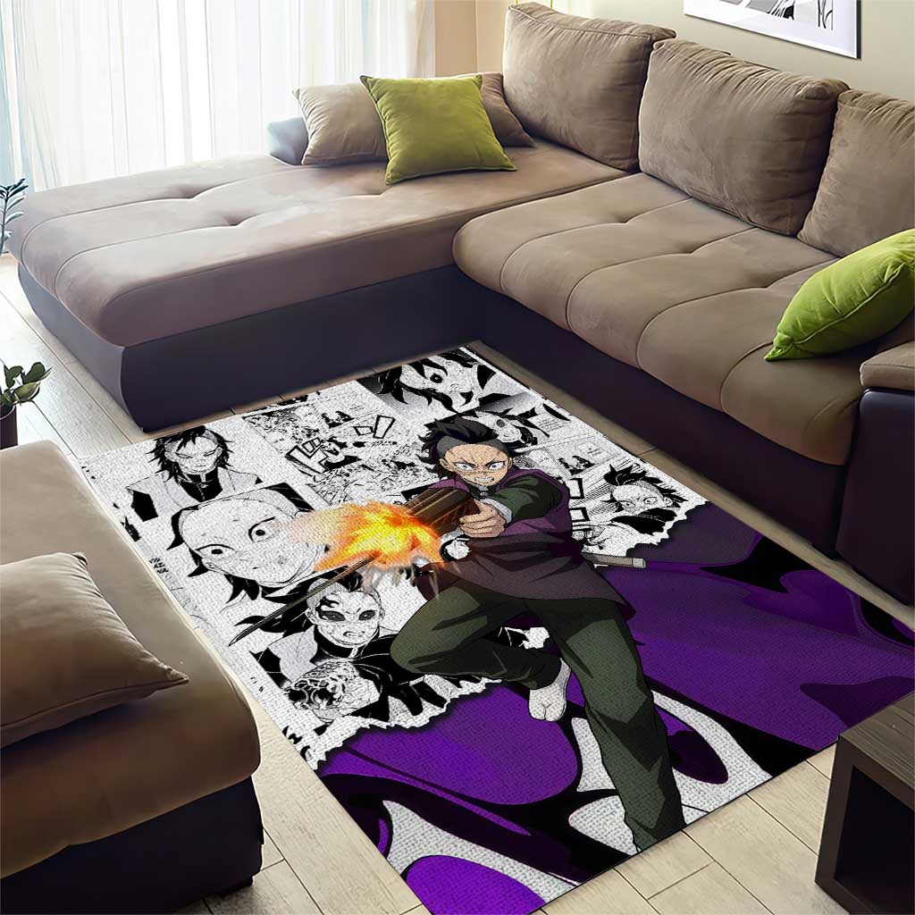Genya Shinazugawa Demon Slayer Manga Panel Black and White Theme Area Rug with Purple Accents and Gun Action Pose - The Mazicc