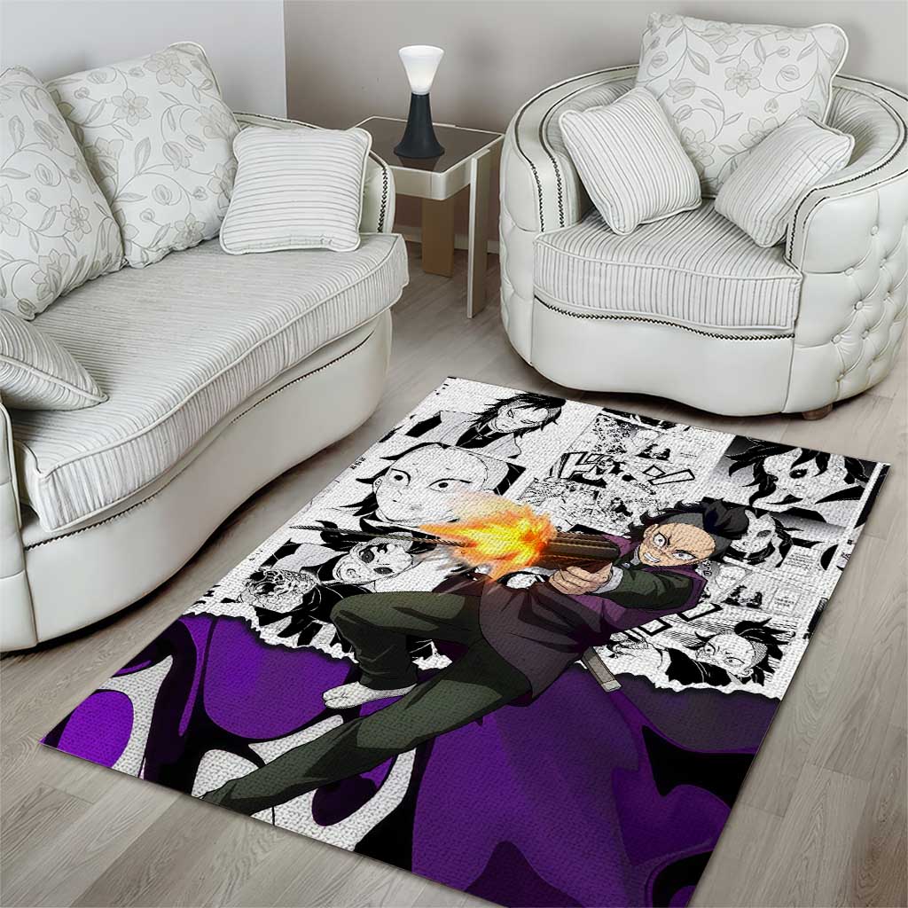 Genya Shinazugawa Demon Slayer Manga Panel Black and White Theme Area Rug with Purple Accents and Gun Action Pose - The Mazicc