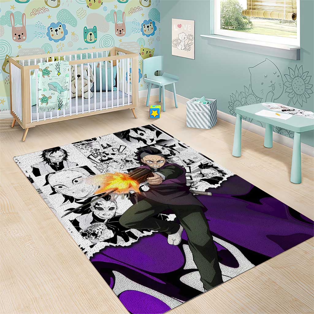 Genya Shinazugawa Demon Slayer Manga Panel Black and White Theme Area Rug with Purple Accents and Gun Action Pose - The Mazicc