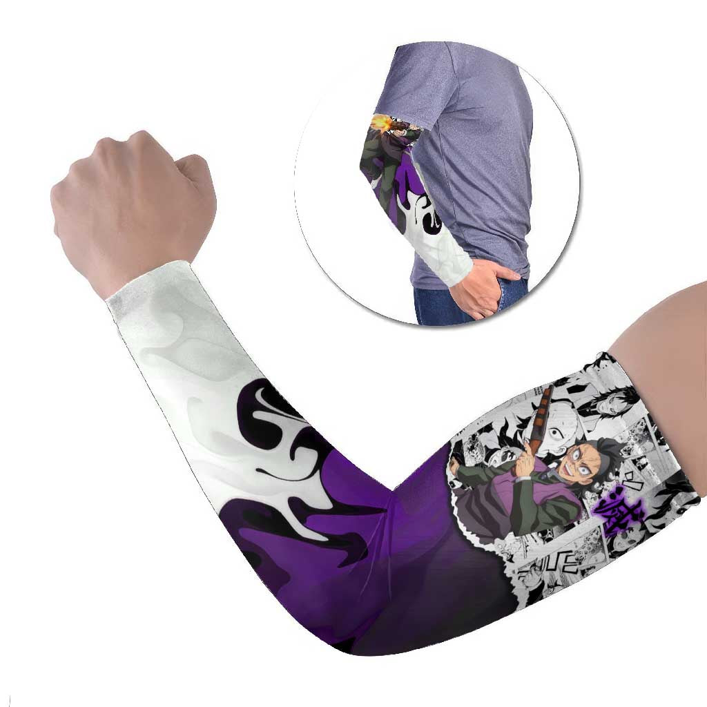 Genya Shinazugawa Demon Slayer Manga Panel Black and White Theme Arm Sleeves with Purple Accents and Gun Action Pose - The Mazicc