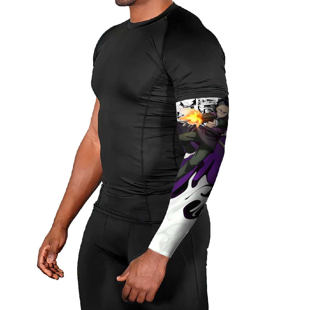 Genya Shinazugawa Demon Slayer Manga Panel Black and White Theme Arm Sleeves with Purple Accents and Gun Action Pose - The Mazicc