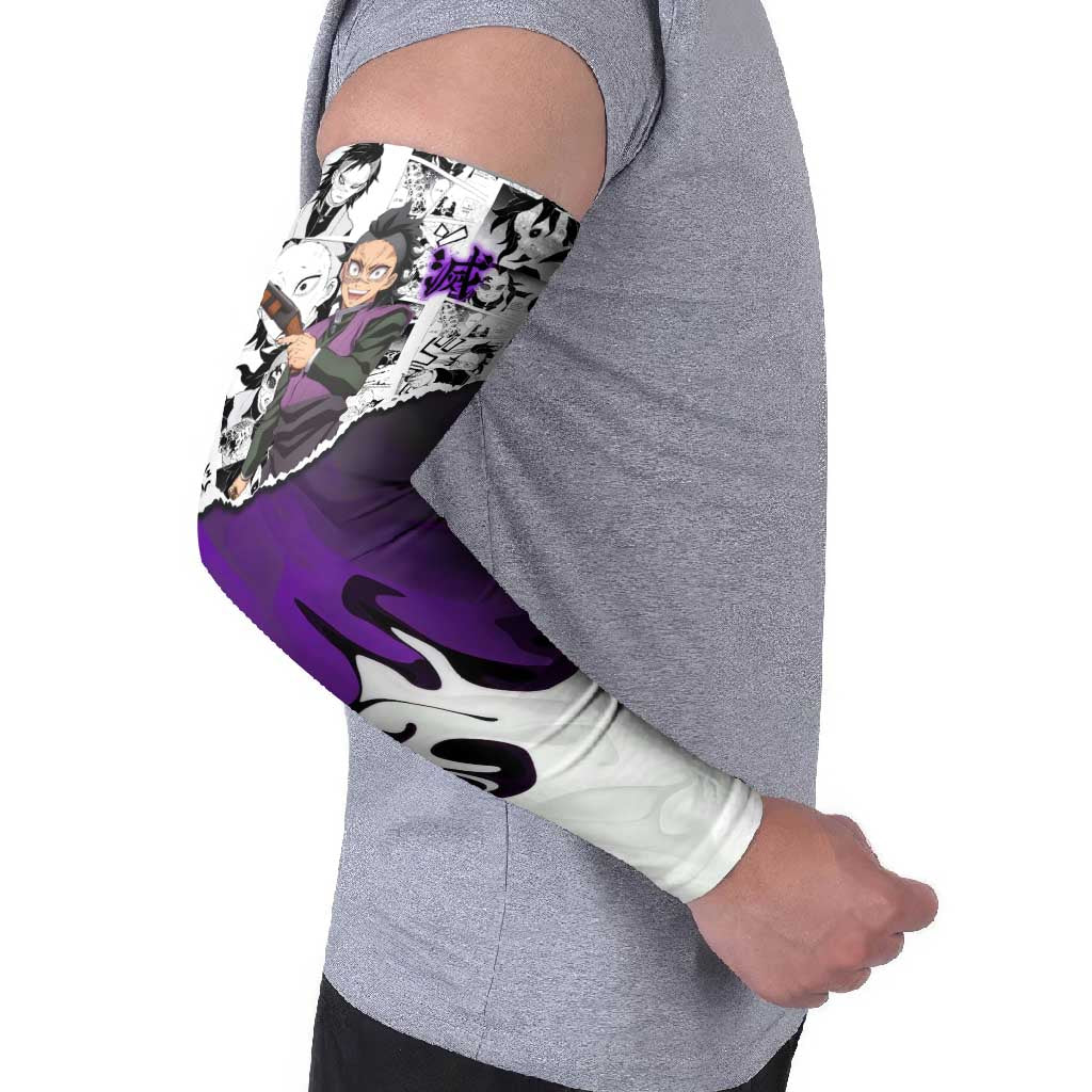 Genya Shinazugawa Demon Slayer Manga Panel Black and White Theme Arm Sleeves with Purple Accents and Gun Action Pose - The Mazicc
