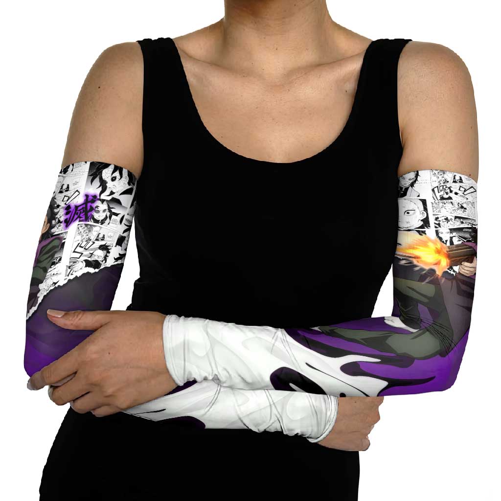 Genya Shinazugawa Demon Slayer Manga Panel Black and White Theme Arm Sleeves with Purple Accents and Gun Action Pose - The Mazicc