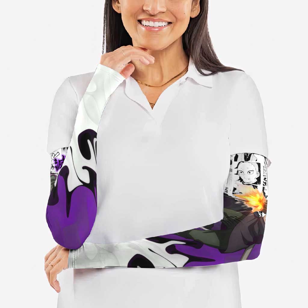 Genya Shinazugawa Demon Slayer Manga Panel Black and White Theme Arm Sleeves with Purple Accents and Gun Action Pose - The Mazicc