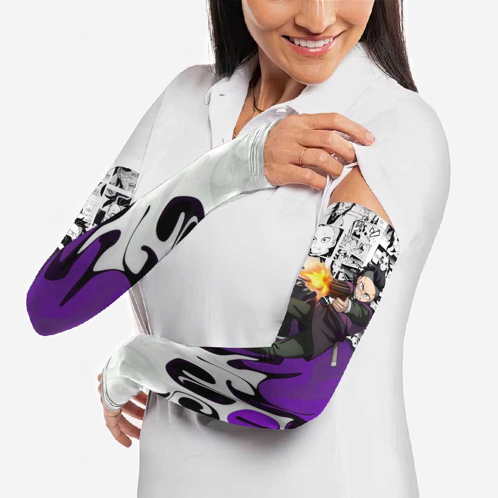 Genya Shinazugawa Demon Slayer Manga Panel Black and White Theme Arm Sleeves with Purple Accents and Gun Action Pose - The Mazicc