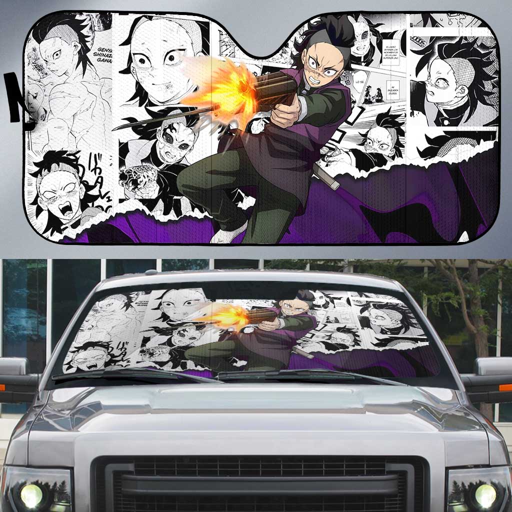 Genya Shinazugawa Demon Slayer Manga Panel Black and White Theme Auto Sun Shade with Purple Accents and Gun Action Pose - The Mazicc