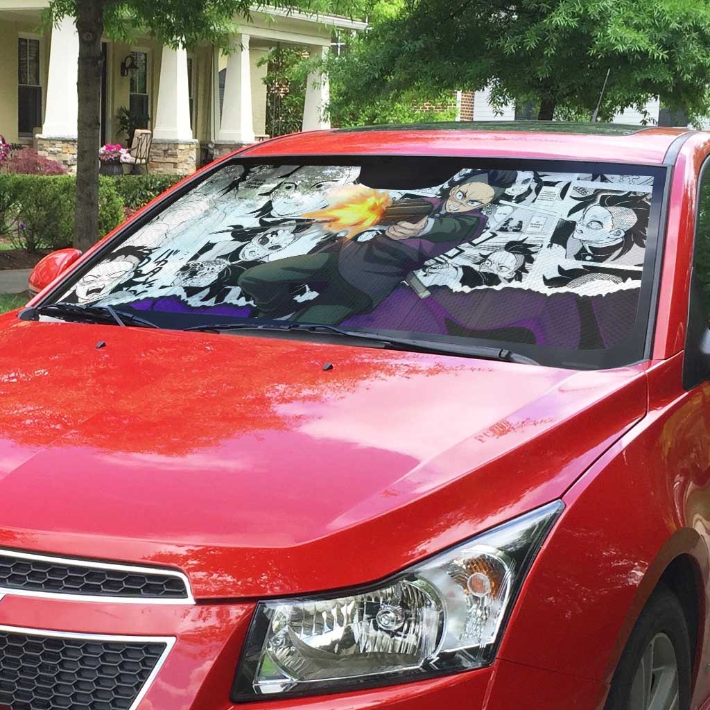 Genya Shinazugawa Demon Slayer Manga Panel Black and White Theme Auto Sun Shade with Purple Accents and Gun Action Pose - The Mazicc