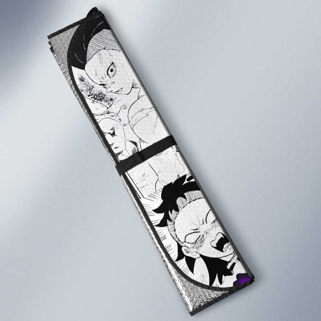 Genya Shinazugawa Demon Slayer Manga Panel Black and White Theme Auto Sun Shade with Purple Accents and Gun Action Pose - The Mazicc