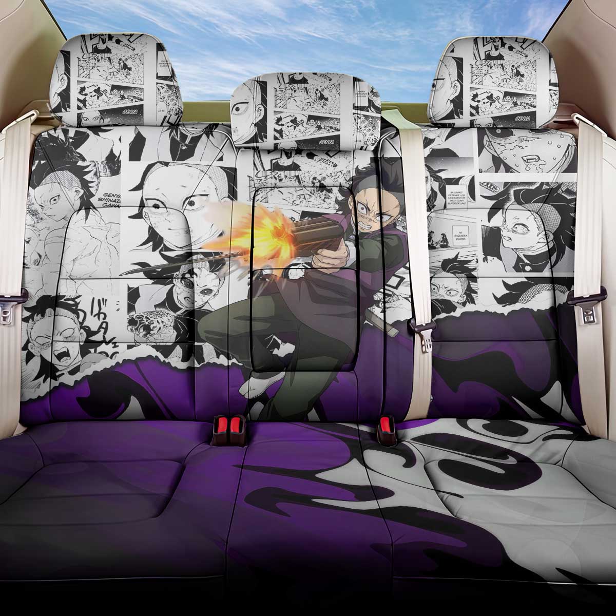 Genya Shinazugawa Demon Slayer Manga Panel Black and White Theme Back Car Seat Cover with Purple Accents and Gun Action Pose - The Mazicc