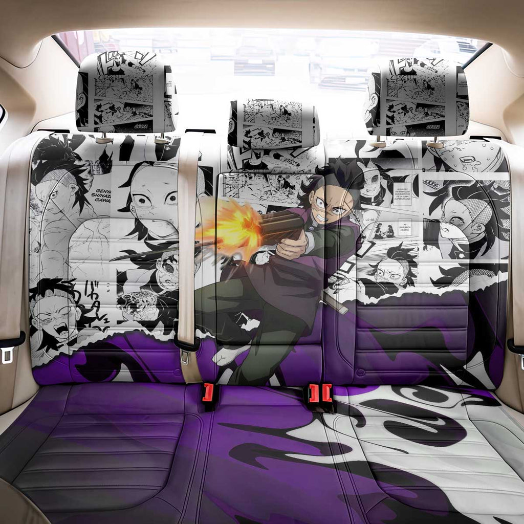 Genya Shinazugawa Demon Slayer Manga Panel Black and White Theme Back Car Seat Cover with Purple Accents and Gun Action Pose - The Mazicc