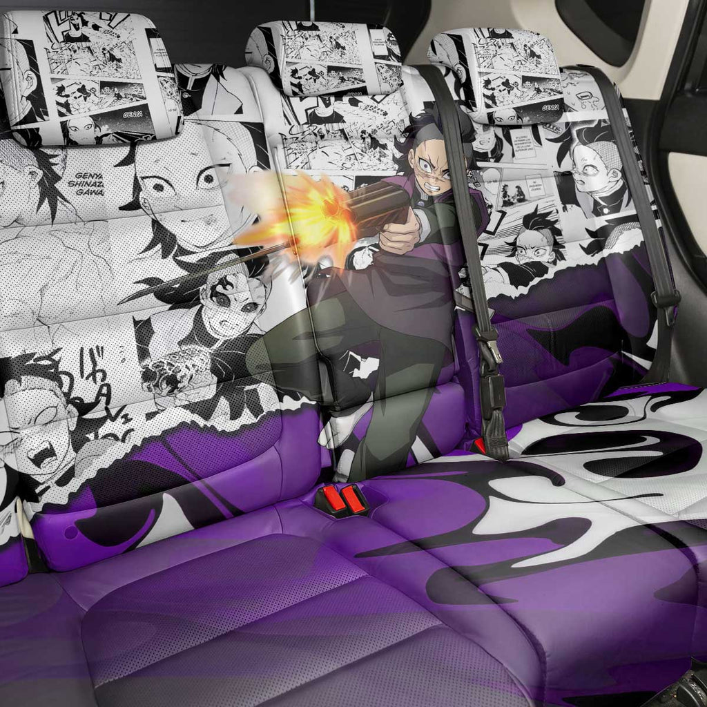 Genya Shinazugawa Demon Slayer Manga Panel Black and White Theme Back Car Seat Cover with Purple Accents and Gun Action Pose - The Mazicc