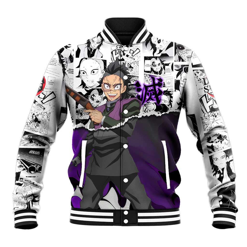 Genya Shinazugawa Demon Slayer Manga Panel Black and White Theme Baseball Jacket with Purple Accents and Gun Action Pose - The Mazicc
