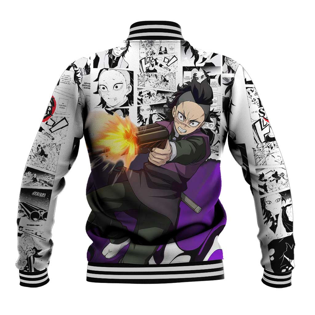 Genya Shinazugawa Demon Slayer Manga Panel Black and White Theme Baseball Jacket with Purple Accents and Gun Action Pose - The Mazicc