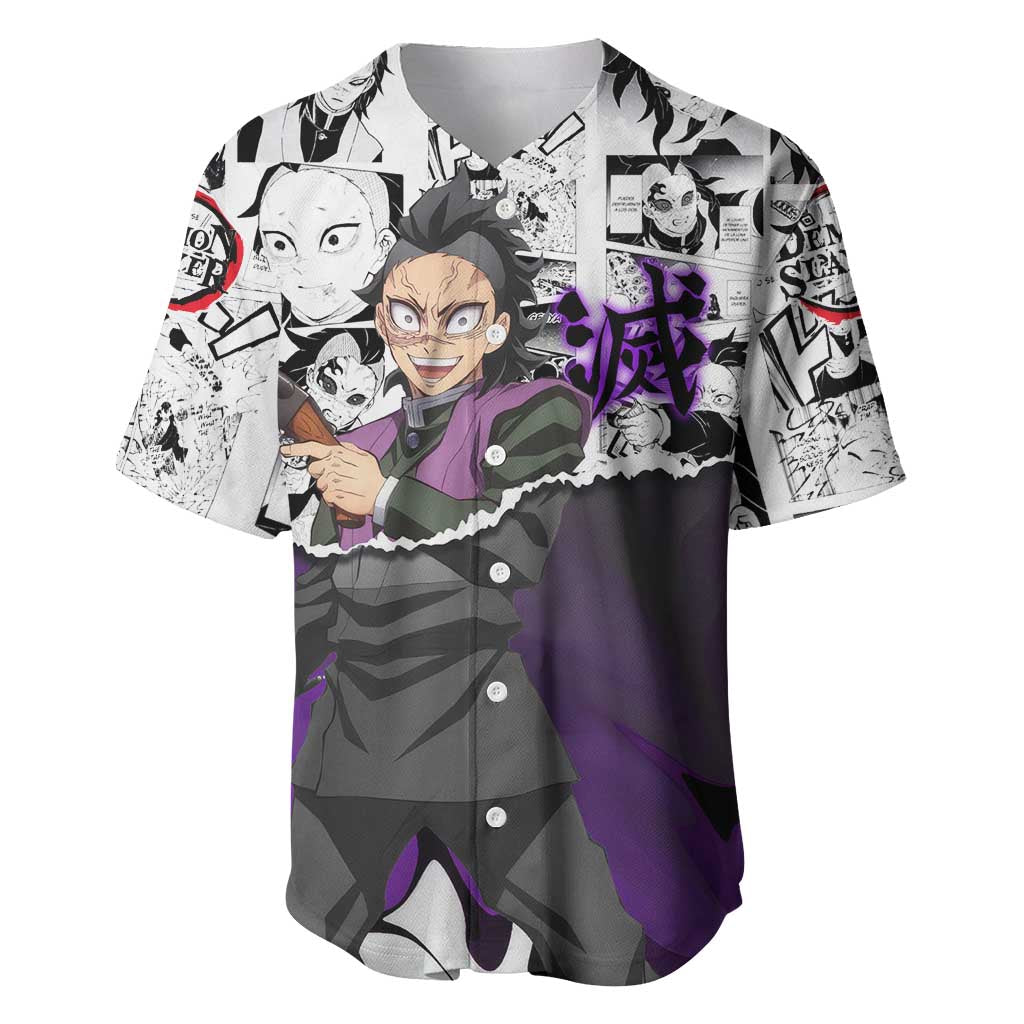 Genya Shinazugawa Demon Slayer Manga Panel Black and White Theme Baseball Jersey with Purple Accents and Gun Action Pose - The Mazicc
