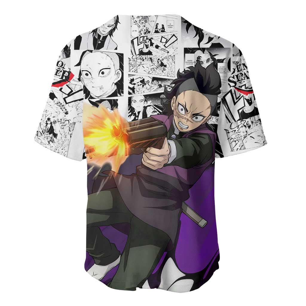 Genya Shinazugawa Demon Slayer Manga Panel Black and White Theme Baseball Jersey with Purple Accents and Gun Action Pose - The Mazicc
