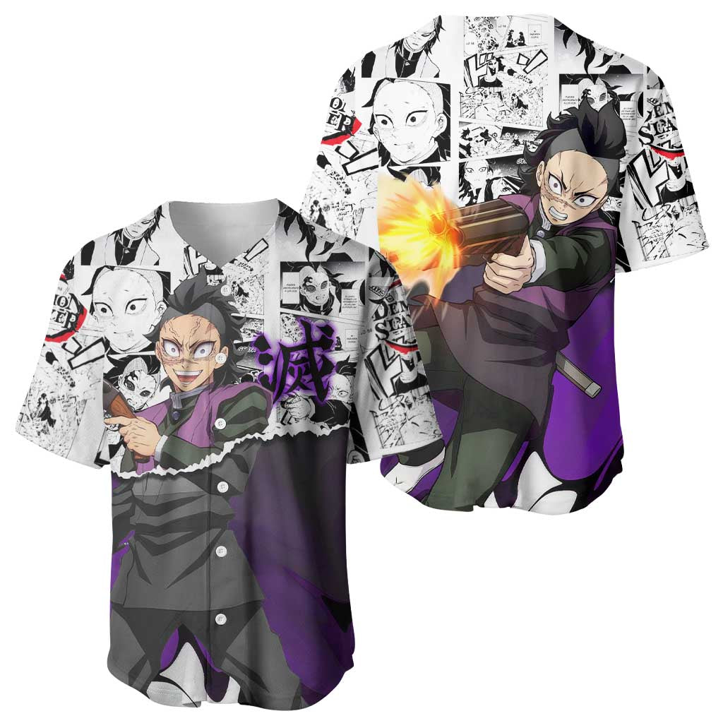 Genya Shinazugawa Demon Slayer Manga Panel Black and White Theme Baseball Jersey with Purple Accents and Gun Action Pose - The Mazicc