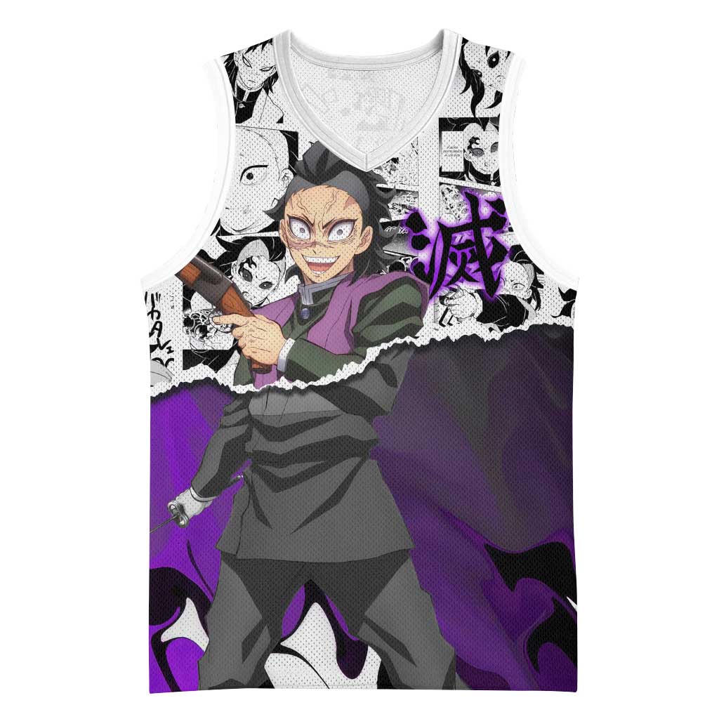 Genya Shinazugawa Demon Slayer Manga Panel Black and White Theme Basketball Jersey with Purple Accents and Gun Action Pose - The Mazicc