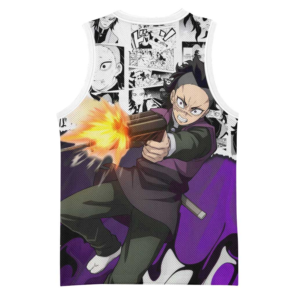 Genya Shinazugawa Demon Slayer Manga Panel Black and White Theme Basketball Jersey with Purple Accents and Gun Action Pose - The Mazicc