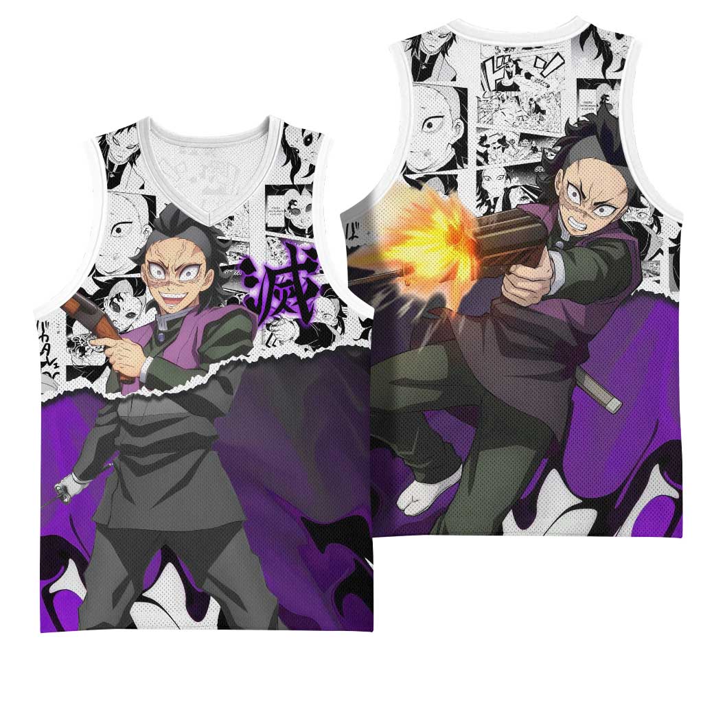 Genya Shinazugawa Demon Slayer Manga Panel Black and White Theme Basketball Jersey with Purple Accents and Gun Action Pose - The Mazicc