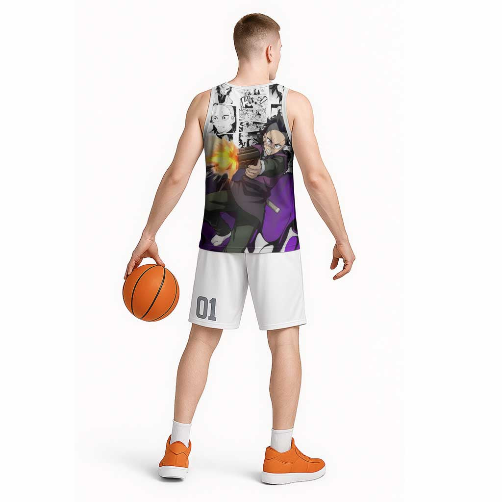 Genya Shinazugawa Demon Slayer Manga Panel Black and White Theme Basketball Jersey with Purple Accents and Gun Action Pose - The Mazicc