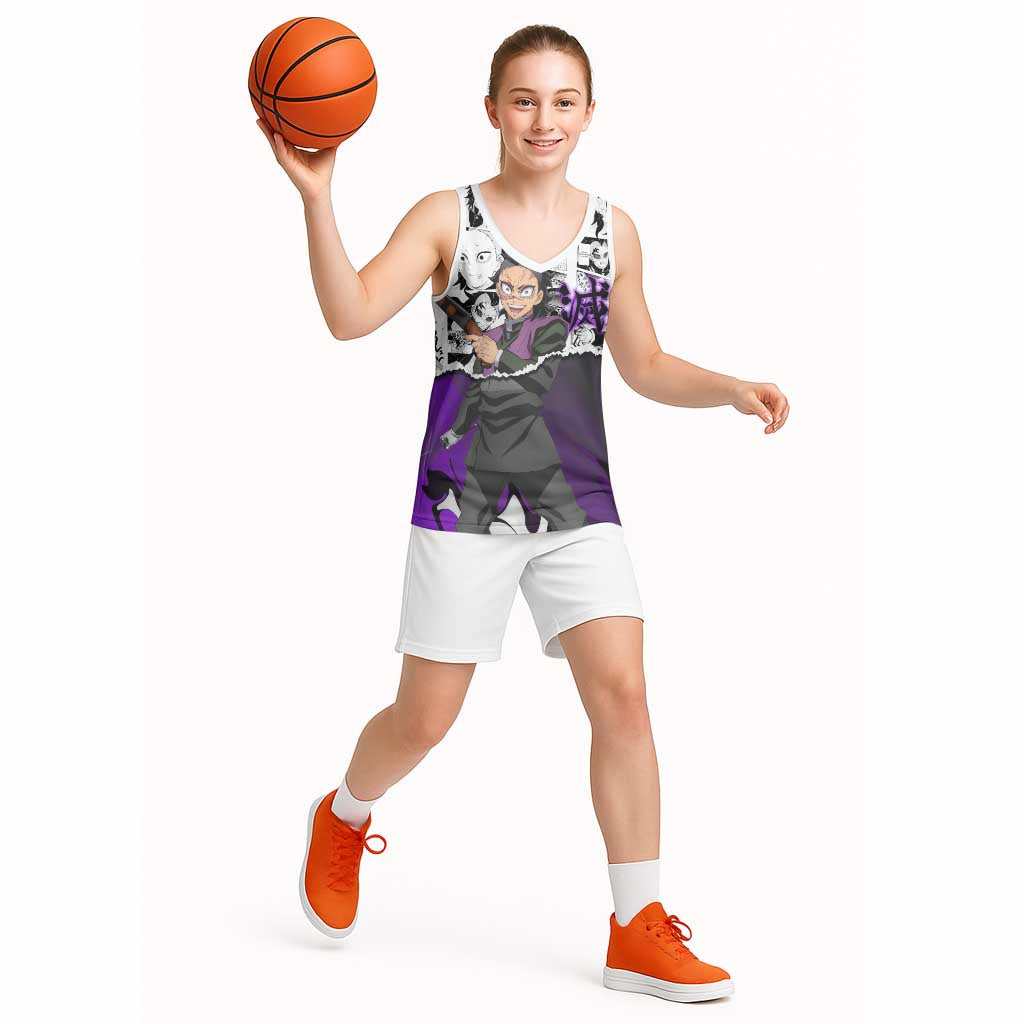 Genya Shinazugawa Demon Slayer Manga Panel Black and White Theme Basketball Jersey with Purple Accents and Gun Action Pose - The Mazicc