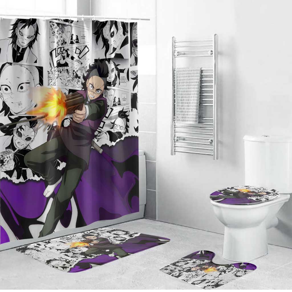 Genya Shinazugawa Demon Slayer Manga Panel Black and White Theme Bathroom Set with Purple Accents and Gun Action Pose - The Mazicc
