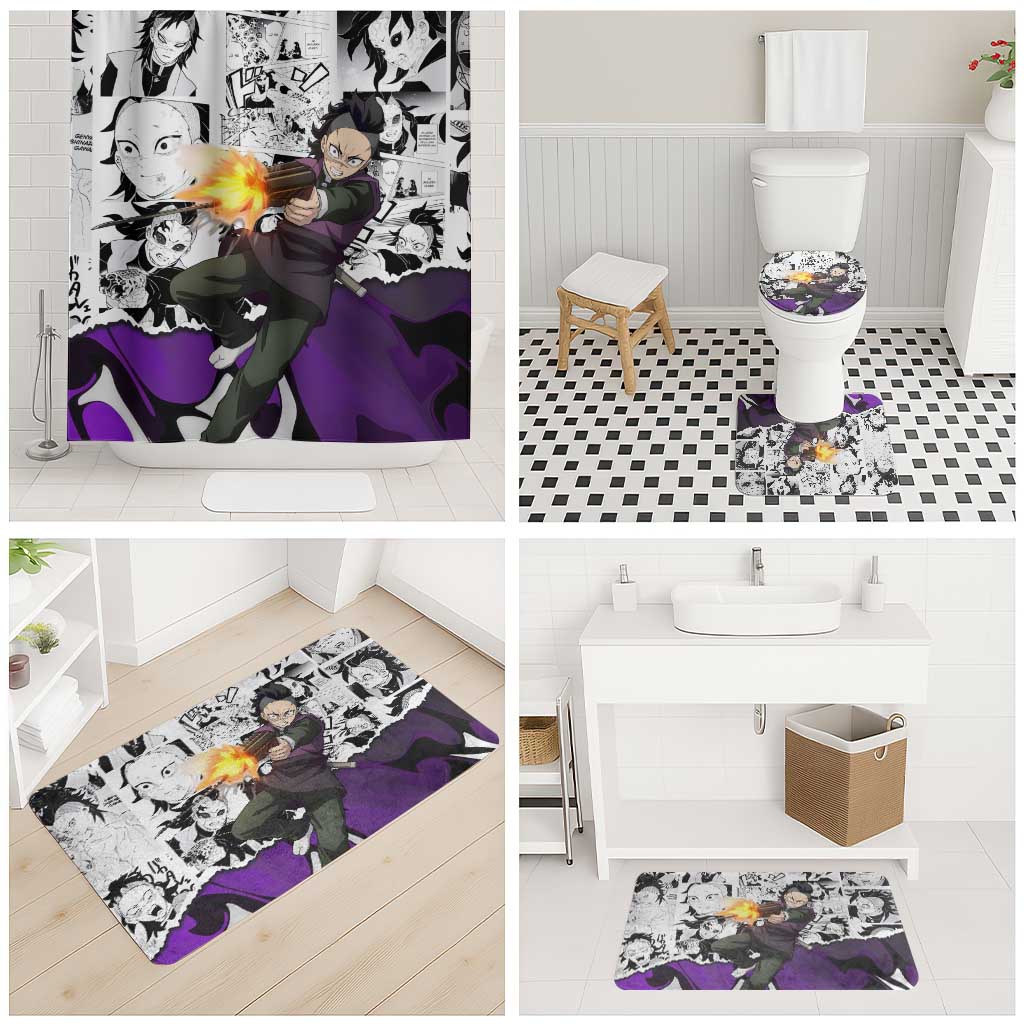 Genya Shinazugawa Demon Slayer Manga Panel Black and White Theme Bathroom Set with Purple Accents and Gun Action Pose - The Mazicc