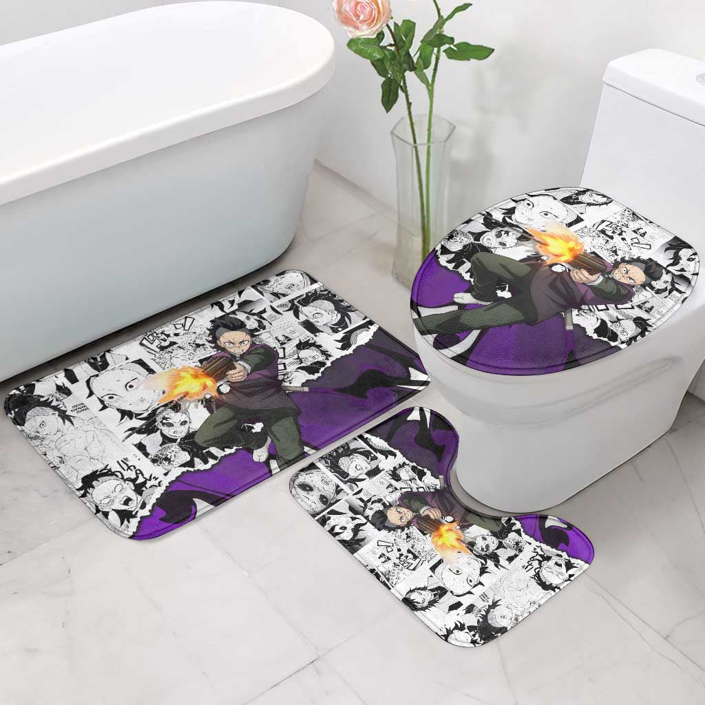 Genya Shinazugawa Demon Slayer Manga Panel Black and White Theme Bathroom Set with Purple Accents and Gun Action Pose - The Mazicc