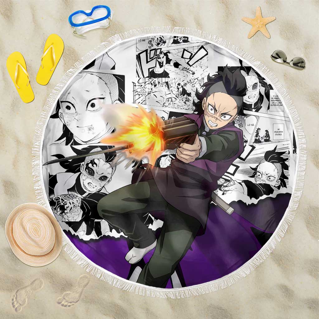 Genya Shinazugawa Demon Slayer Manga Panel Black and White Theme Beach Blanket with Purple Accents and Gun Action Pose - The Mazicc