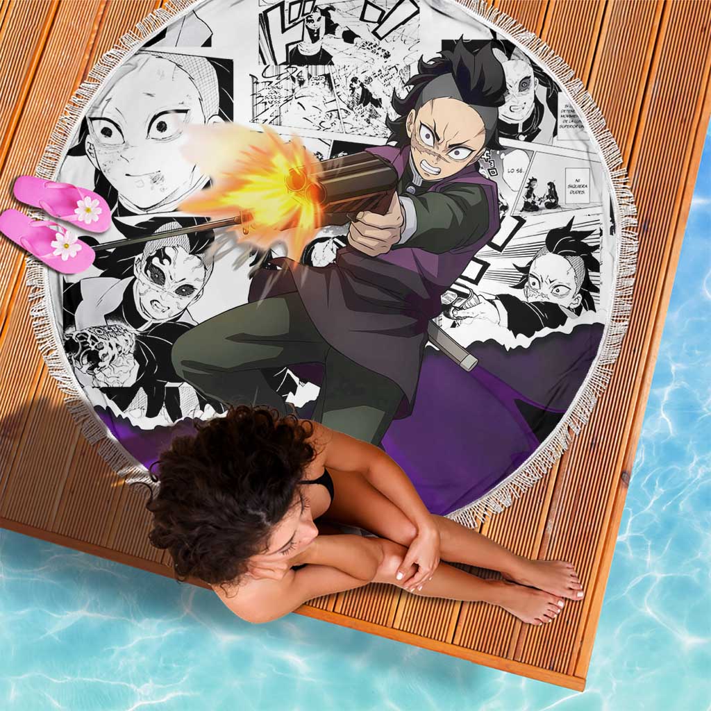 Genya Shinazugawa Demon Slayer Manga Panel Black and White Theme Beach Blanket with Purple Accents and Gun Action Pose - The Mazicc