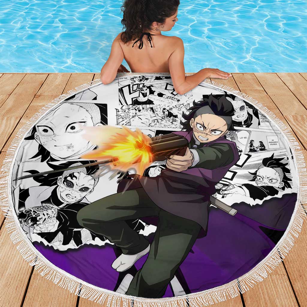 Genya Shinazugawa Demon Slayer Manga Panel Black and White Theme Beach Blanket with Purple Accents and Gun Action Pose - The Mazicc