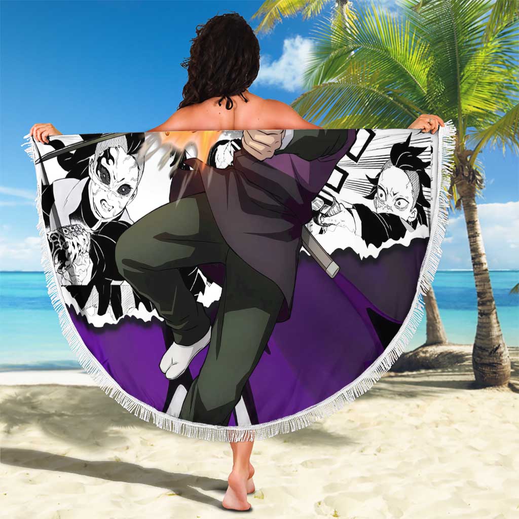 Genya Shinazugawa Demon Slayer Manga Panel Black and White Theme Beach Blanket with Purple Accents and Gun Action Pose - The Mazicc