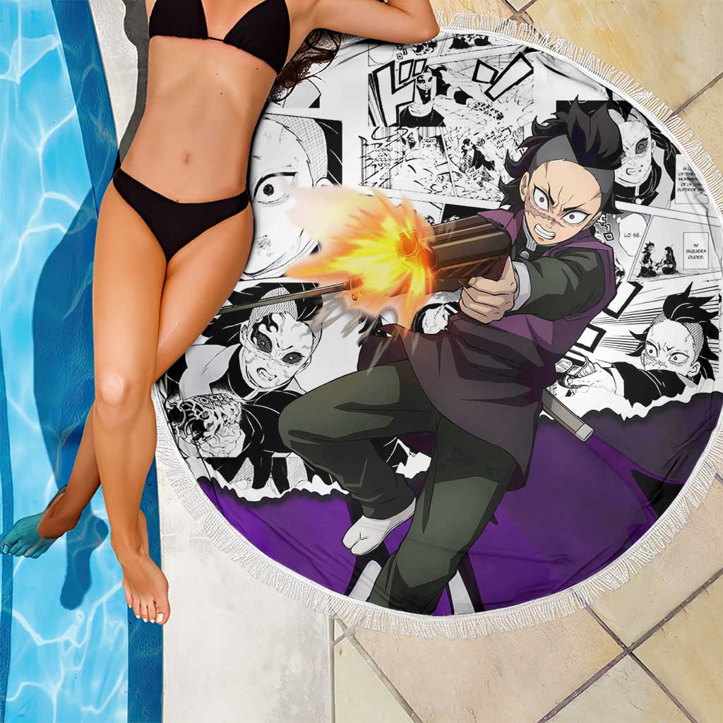 Genya Shinazugawa Demon Slayer Manga Panel Black and White Theme Beach Blanket with Purple Accents and Gun Action Pose - The Mazicc