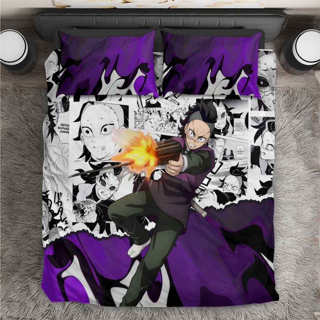 Genya Shinazugawa Demon Slayer Manga Panel Black and White Theme Bedding Set with Purple Accents and Gun Action Pose - The Mazicc