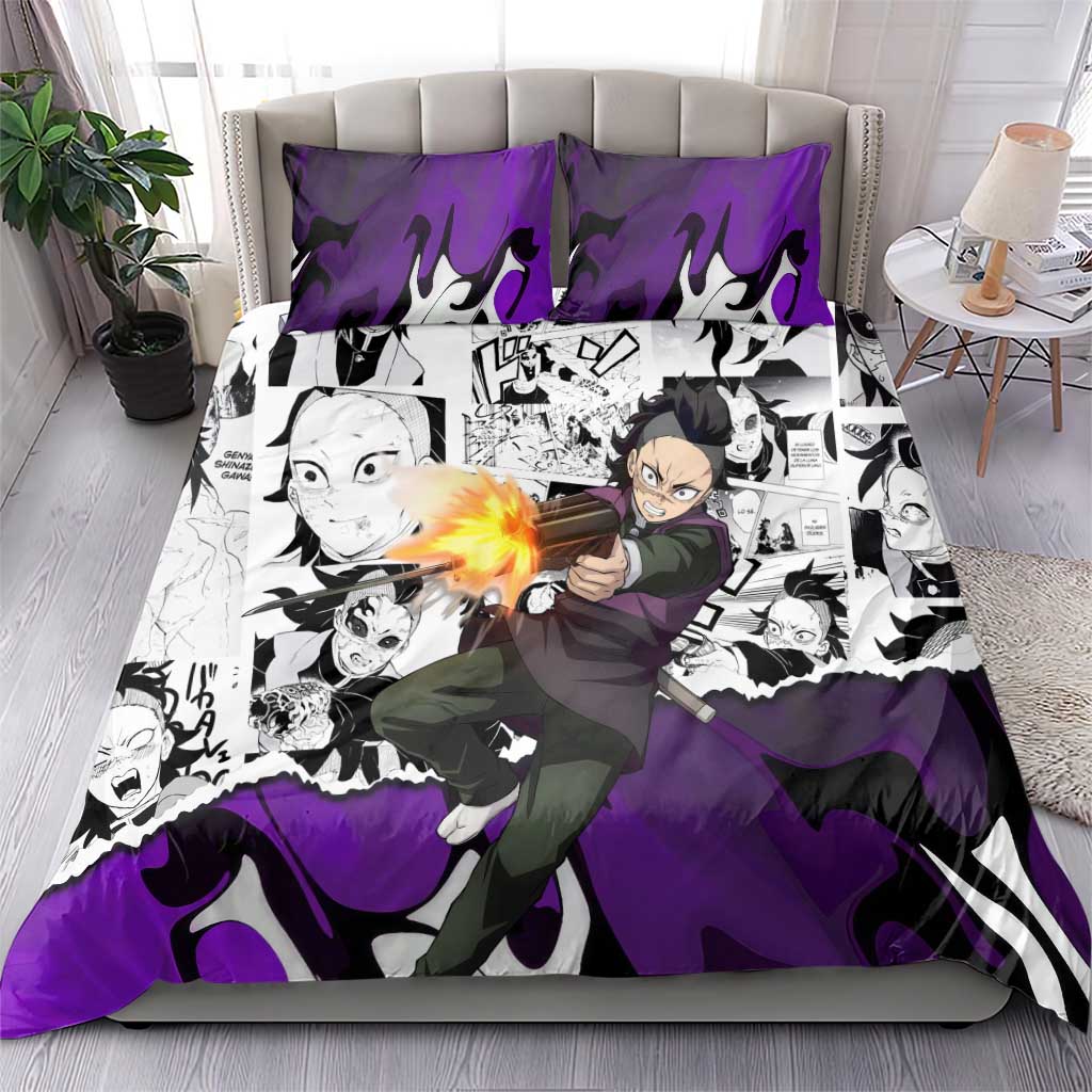 Genya Shinazugawa Demon Slayer Manga Panel Black and White Theme Bedding Set with Purple Accents and Gun Action Pose - The Mazicc