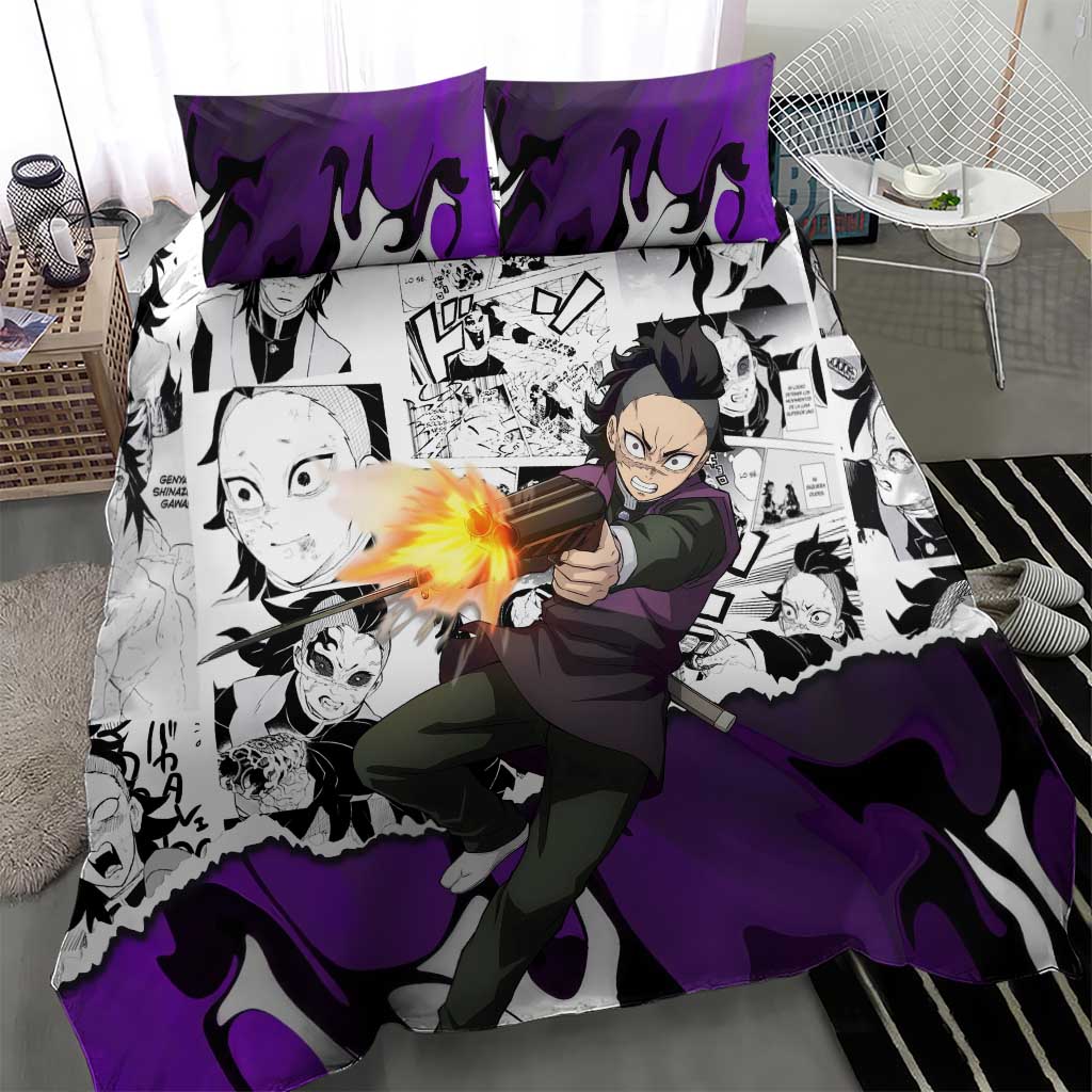 Genya Shinazugawa Demon Slayer Manga Panel Black and White Theme Bedding Set with Purple Accents and Gun Action Pose - The Mazicc