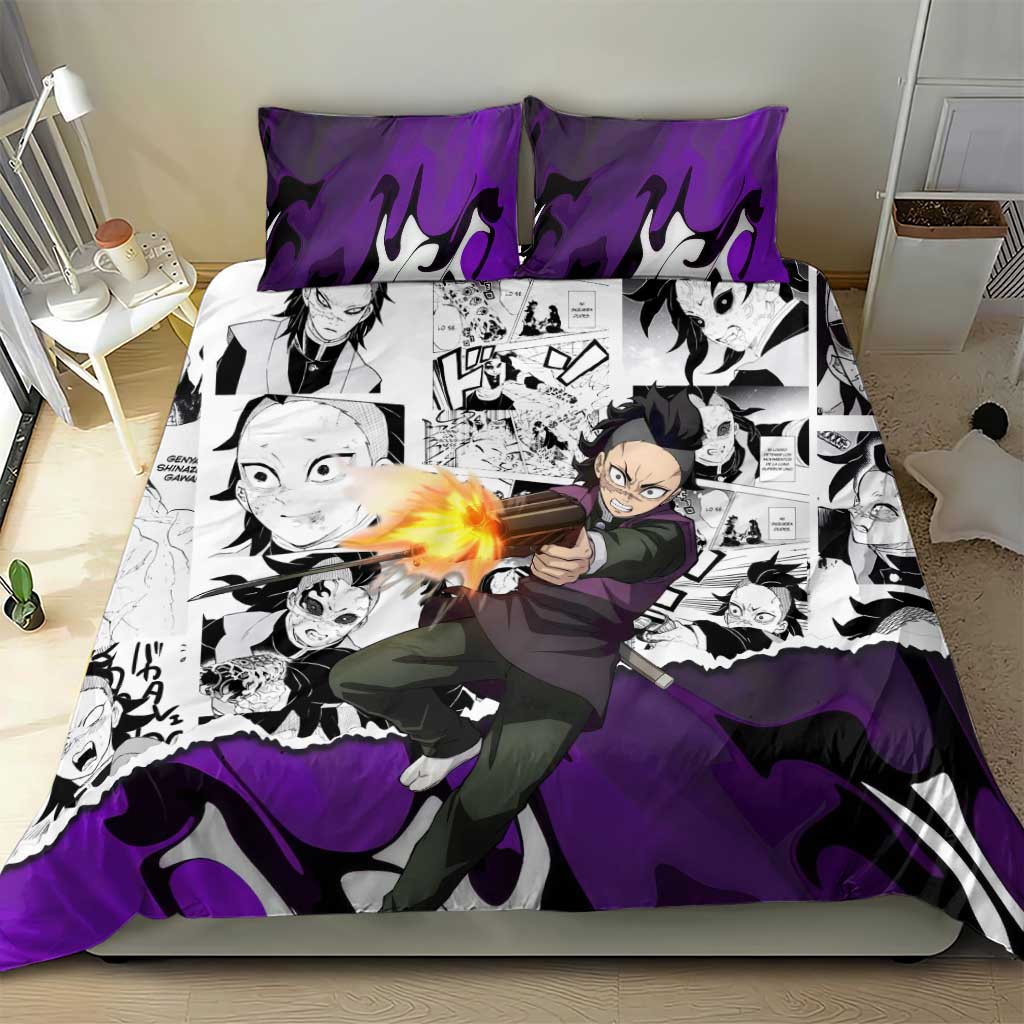 Genya Shinazugawa Demon Slayer Manga Panel Black and White Theme Bedding Set with Purple Accents and Gun Action Pose - The Mazicc