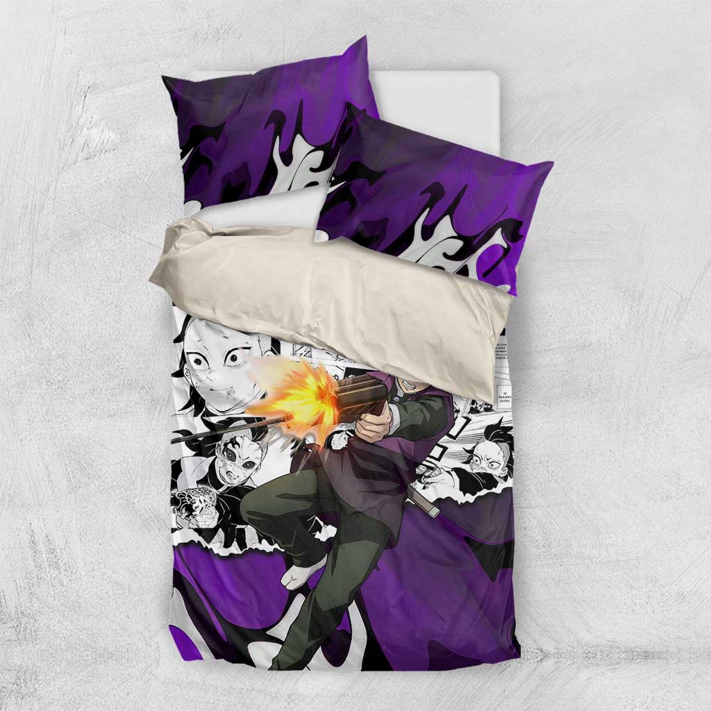 Genya Shinazugawa Demon Slayer Manga Panel Black and White Theme Bedding Set with Purple Accents and Gun Action Pose - The Mazicc
