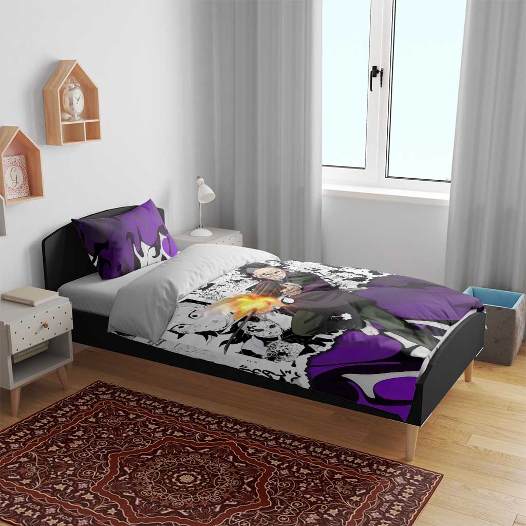 Genya Shinazugawa Demon Slayer Manga Panel Black and White Theme Bedding Set with Purple Accents and Gun Action Pose - The Mazicc