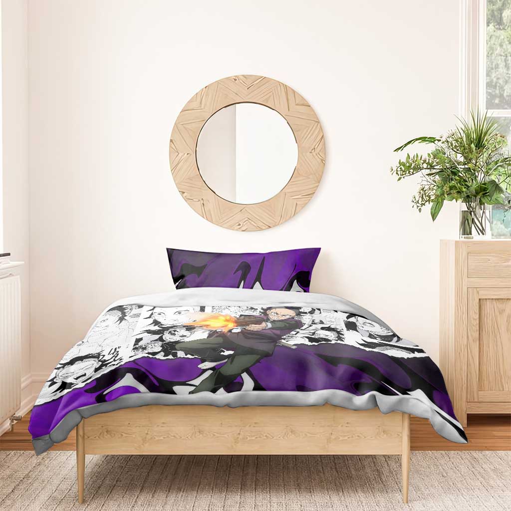Genya Shinazugawa Demon Slayer Manga Panel Black and White Theme Bedding Set with Purple Accents and Gun Action Pose - The Mazicc