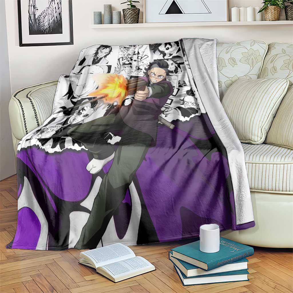 Genya Shinazugawa Demon Slayer Manga Panel Black and White Theme Blanket with Purple Accents and Gun Action Pose - The Mazicc