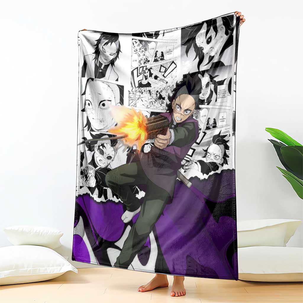 Genya Shinazugawa Demon Slayer Manga Panel Black and White Theme Blanket with Purple Accents and Gun Action Pose - The Mazicc