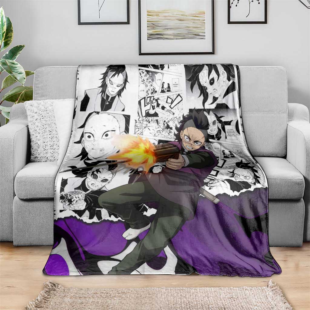 Genya Shinazugawa Demon Slayer Manga Panel Black and White Theme Blanket with Purple Accents and Gun Action Pose - The Mazicc